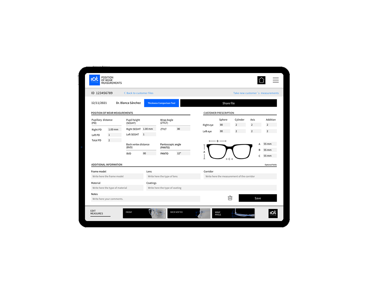 Customer measurements file displayed in the IOT POW app